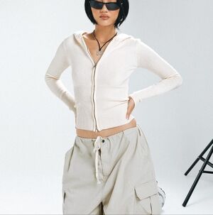 Princess Polly Cream Hooded Zip-Up Sweater